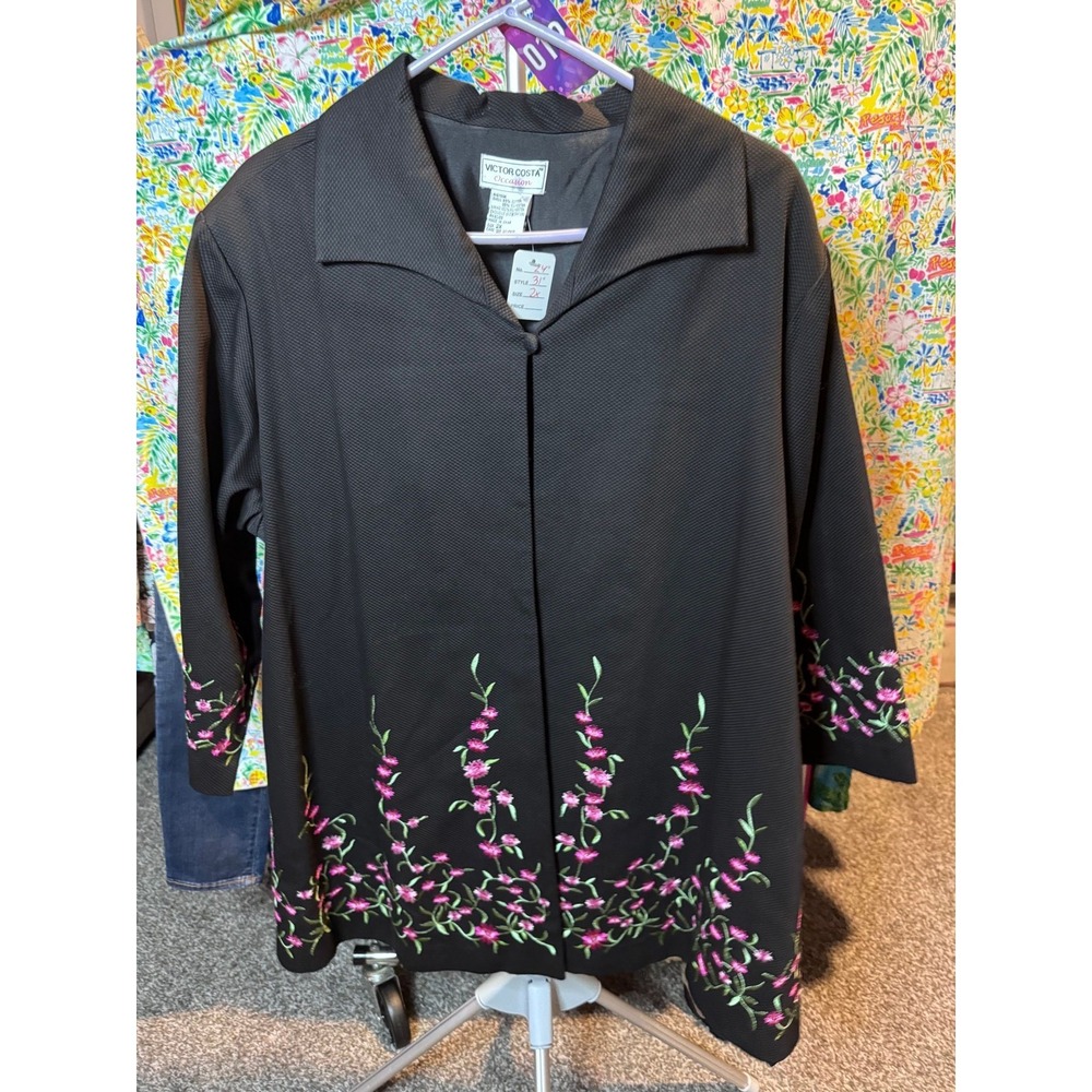 019 Victor Costa Occasion Black Embroidered Floral Evening Jacket Plus Size 2X